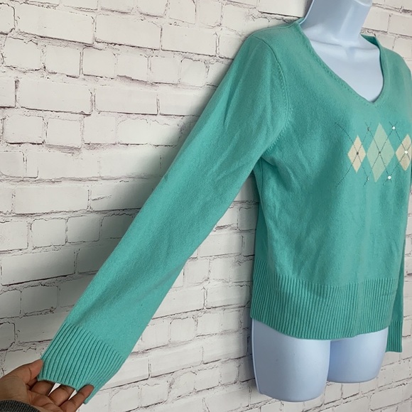 Grayson & Dunn 100% cashmere argyle v-neck sweater SZ Large - Picture 4 of 8